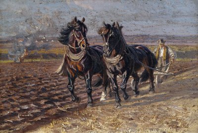 Two Black Horses at the Plow by Friedrich Eckenfelder